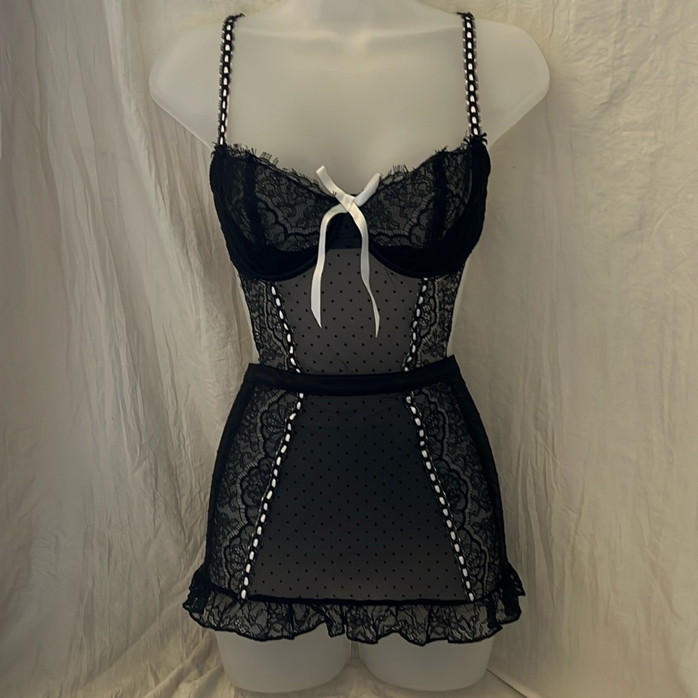 Victoria's Secret Black Lace Mesh Chemise with White Bow